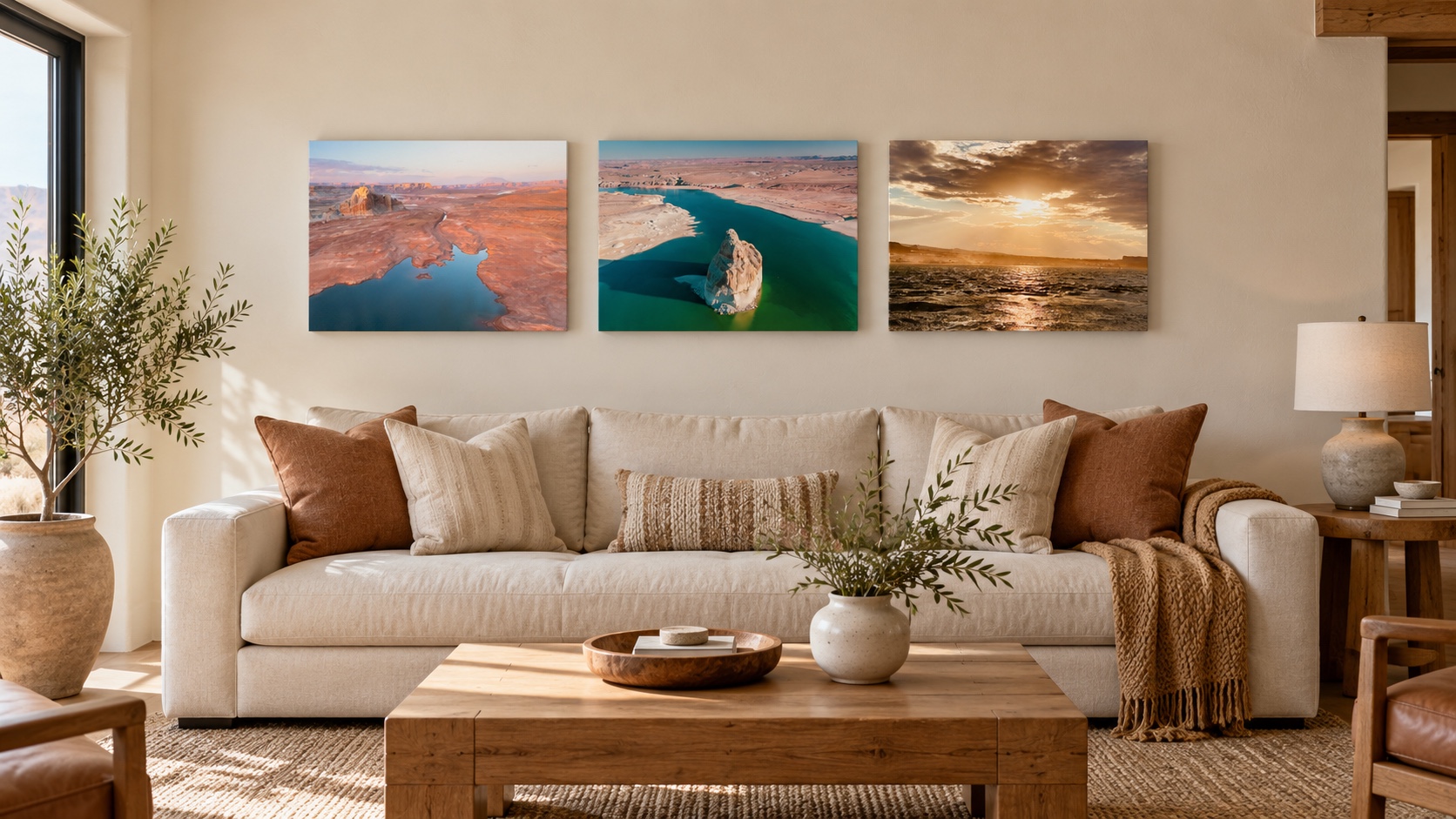 Three Lake Powell canvases above a sofa